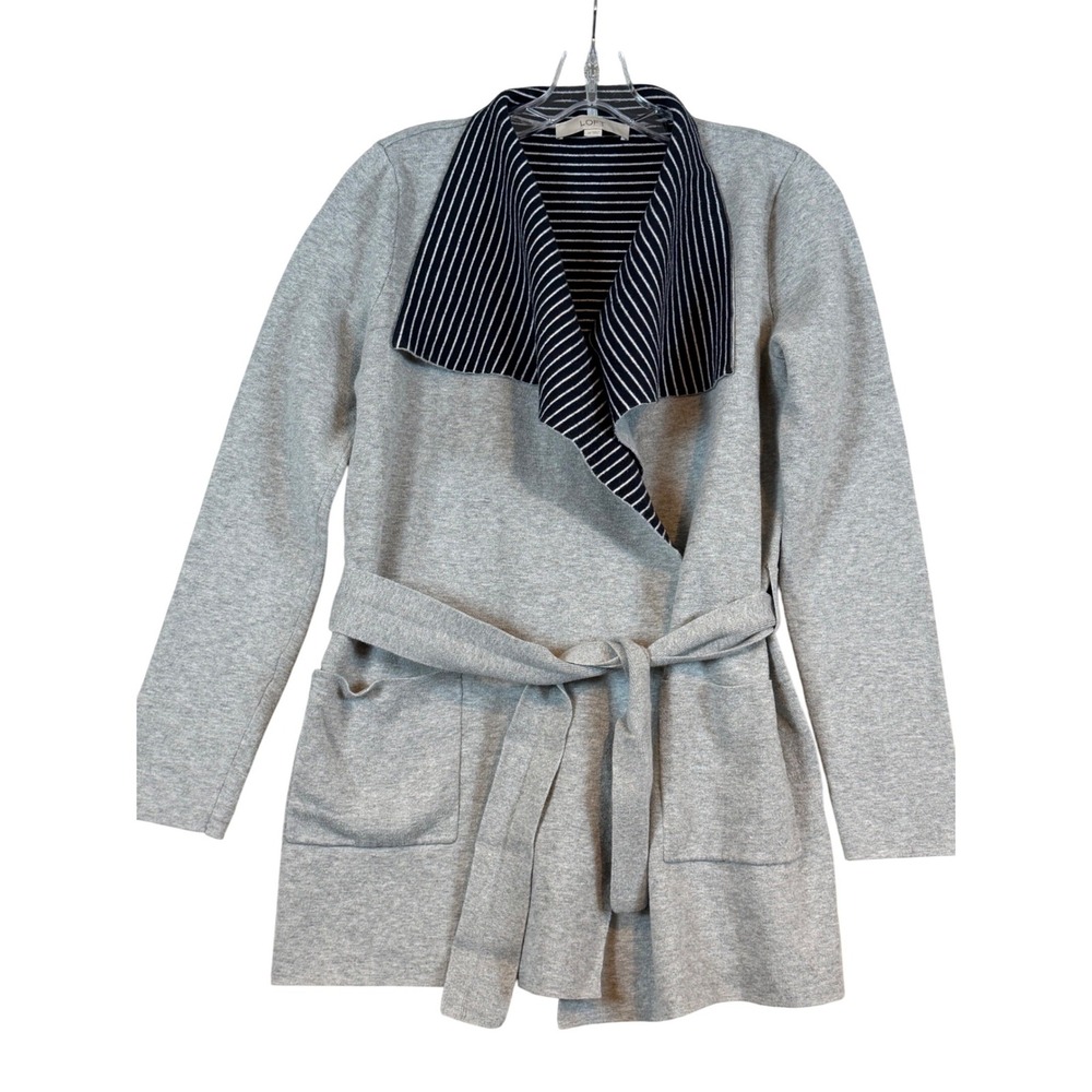 LOFT Womens XS Gray Striped Contrast Shawl Collar Belted Wrap Cardigan Sweater